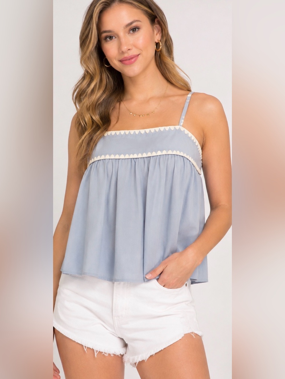 HYFVE Blue Embroidered Spaghetti Strap Babydoll Cami Top Medium